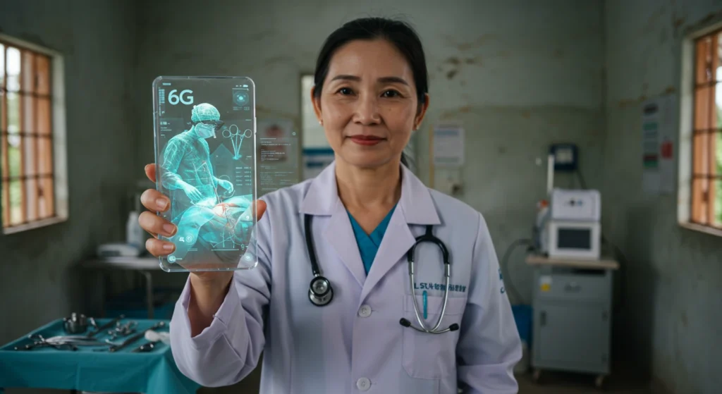 Médico usando telefone celular transparente 6G para ajudar na cirurgia remota via projeção holográfica.