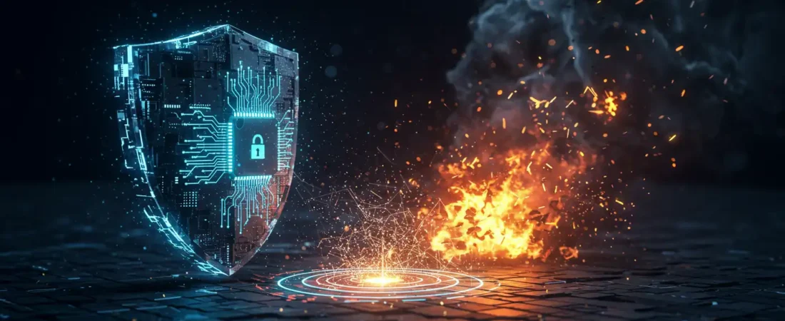 Digital illustration of an artificial intelligence-powered cybersecurity shield protecting a network from threats, with an explosion and smoke in the background, symbolizing cyberthreat detection and prevention.