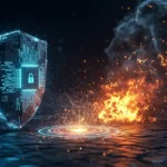 Digital illustration of an artificial intelligence-powered cybersecurity shield protecting a network from threats, with an explosion and smoke in the background, symbolizing cyberthreat detection and prevention.