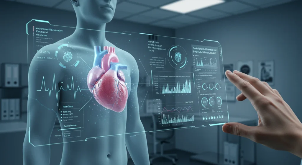 Artificial intelligence technology in healthcare showing the human heart and medical data in a holographic interface for early diagnosis and preventative care