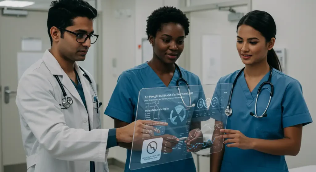 A team of healthcare professionals analyzing a holographic interface related to artificial intelligence in healthcare, highlighting ethics, reliability, and human-AI collaboration.