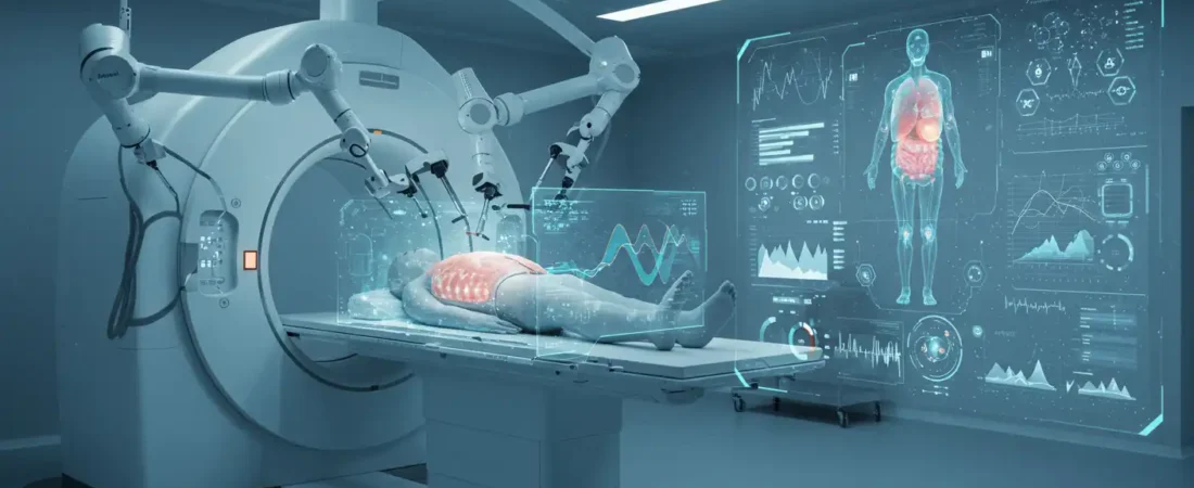 Simulation of artificial intelligence in medicine with a robot performing examinations and projecting health data related to disease prediction, AI technology in healthcare.