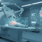 Simulation of artificial intelligence in medicine with a robot performing examinations and projecting health data related to disease prediction, AI technology in healthcare.