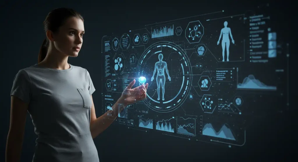 Healthcare professional interacting with advanced artificial intelligence analytics for disease prediction and chronic disease prevention.