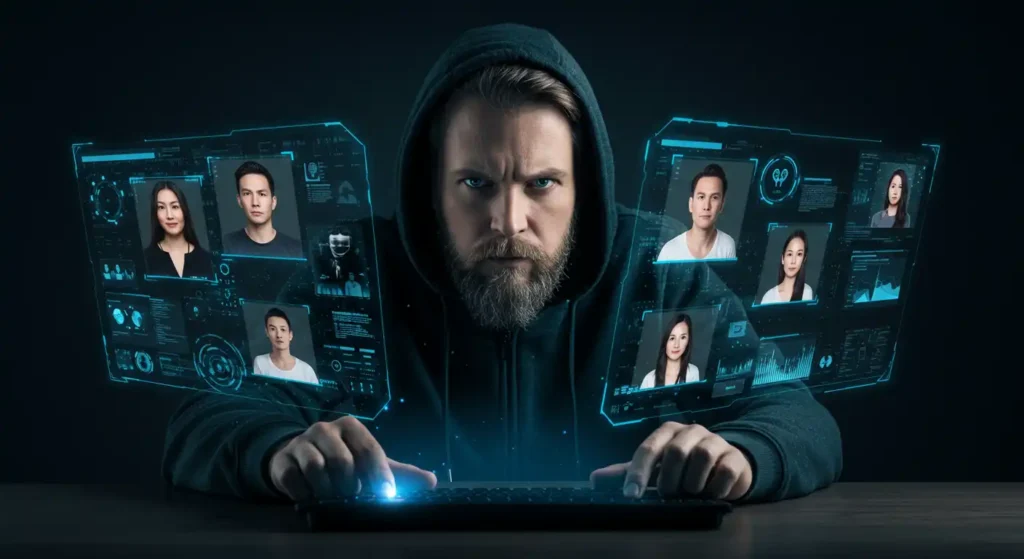 A man with a serious expression interacts with holographic screens showing people's profiles, representing cyber threats, phishing, and cybercrime.