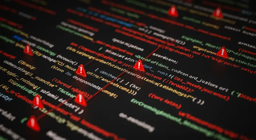 Image showing programming codes with security alerts and risks related to supply chain attacks, Zero Trust flaws, and cybercrimes, highlighting cyber threats.
