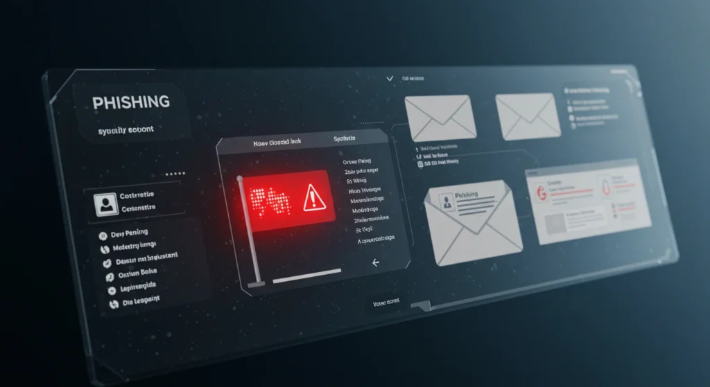 Un écran de moniteur affichant des menaces de phishing et des alertes de cybersécurité, mettant en évidence l'importance des menaces de cybersécurité et de sécurité de l'IA dans la protection des données.