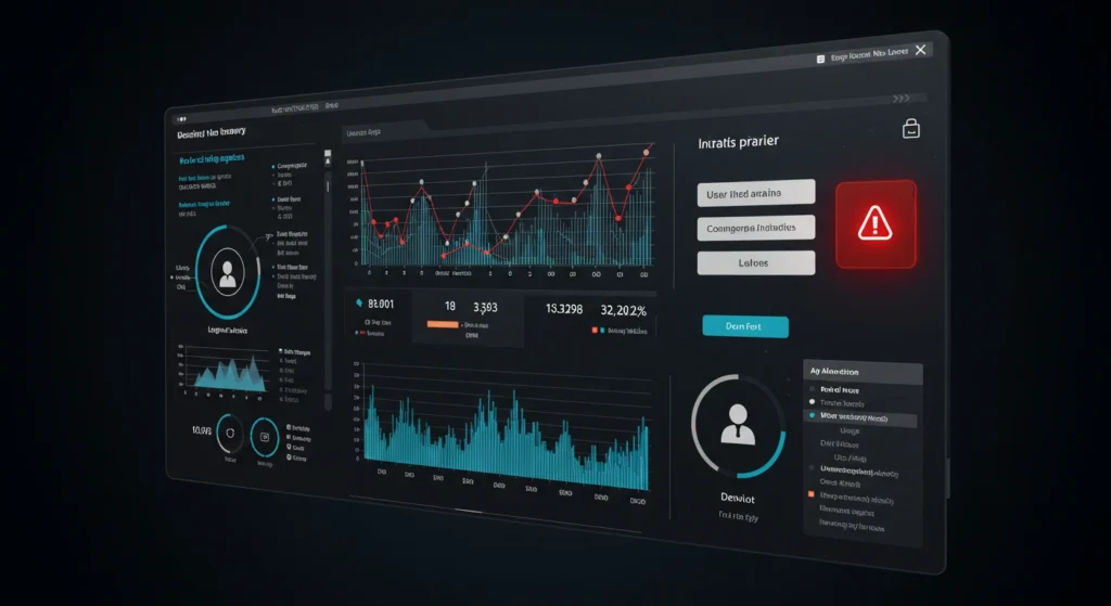 Écran de surveillance de la cybersécurité avec des graphiques de détection des menaces et de prévention des intrusions utilisant l'intelligence artificielle, mettant en évidence les alertes rouges.