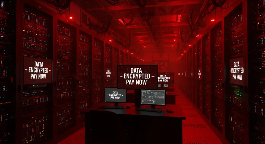 Image of a data center with multiple screens displaying ransomware messages, reflecting current trends in cybercrime, ransomware, cyberattacks, and extortion.