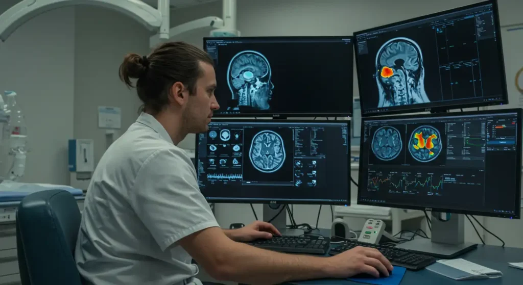 Doctor analyzing brain MRI images using multiple computer screens, illustrating the use of artificial intelligence in medical diagnosis, natural language processing and diagnostic tools.