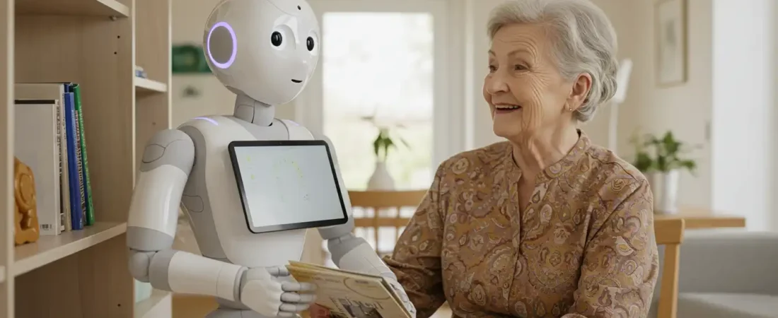 Humanoid elder care robot assisting an elderly woman in a modern home environment.
