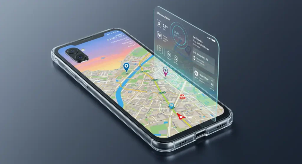 Telefone celular transparente dobrável interface holográfica com a sobreposição de navegação da cidade AR.