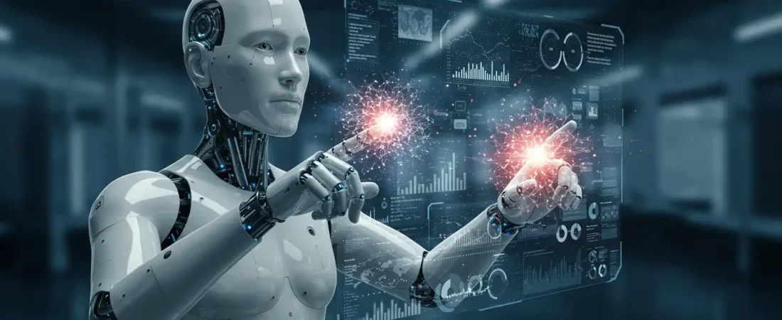 Futuristic AI assistant using holographic interface in a high-tech lab, symbolizing the future of artificial intelligence.