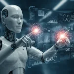 Futuristic AI assistant using holographic interface in a high-tech lab, symbolizing the future of artificial intelligence.