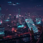 A futuristic smart city with holographic interfaces and transparent 6G mobile phones in use.