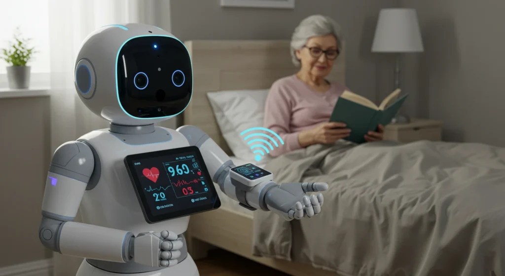 Healthcare robot monitoring elderly woman’s vital signs while she reads in a bed.