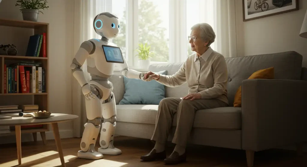 Humanoid robot assisting senior from the couch in a well-lit living room.