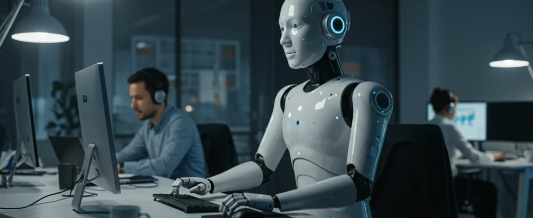 Humanoid robot working in modern office as part of robotics and artificial intelligence workforce.