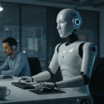 Humanoid robot working in modern office as part of robotics and artificial intelligence workforce.