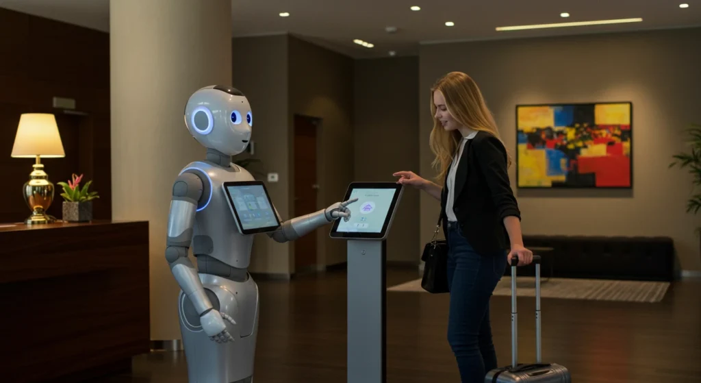 Intelligent humanoid robot interacting with a woman in a modern environment, demonstrating personal robotics and smart robot technology.