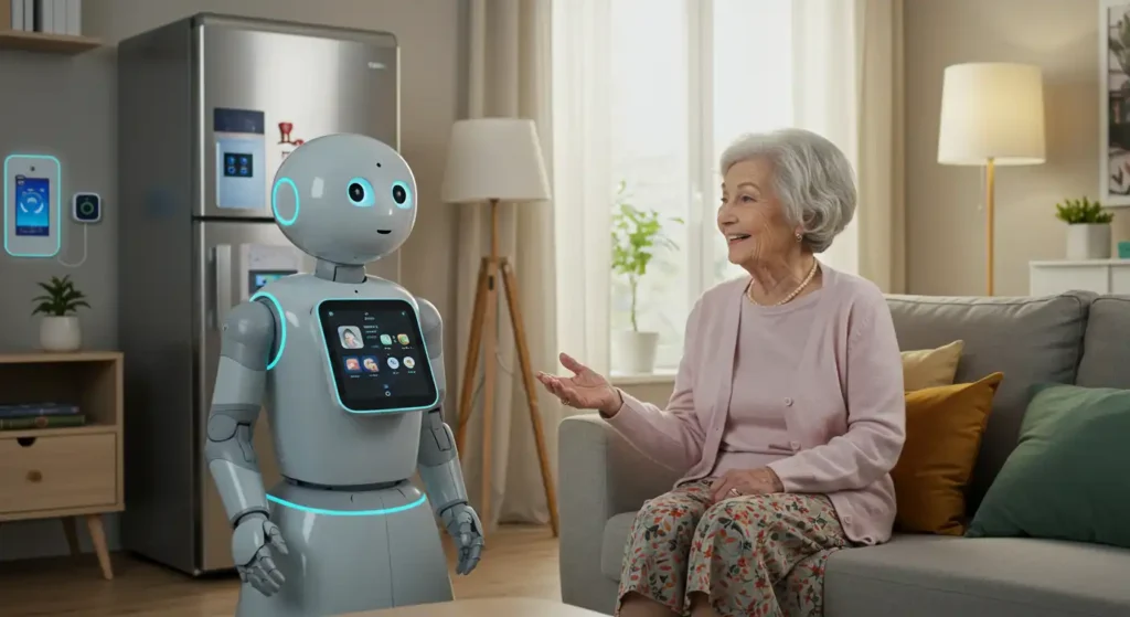Smart health robot monitoring elderly woman at home, promoting personal robotics and health monitoring assistance.