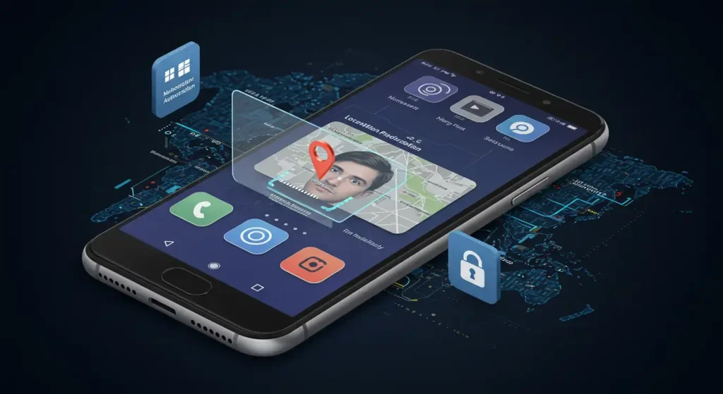 Smartphone with facial recognition and hidden AI tech powering Find My Phone and Microsoft Authenticator apps