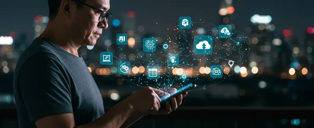 AI-powered mobile apps in daily life with holographic tech interface showing smart assistants and AI neural networks