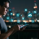 AI-powered mobile apps in daily life with holographic tech interface showing smart assistants and AI neural networks