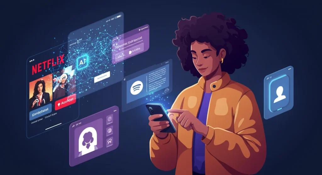 Person surrounded by smart mobile apps like Netflix and Spotify with AI neural network overlays suggesting content