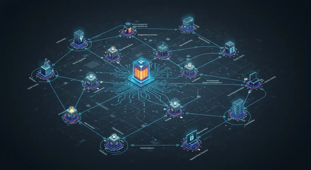 Image illustrative d'un réseau de sécurité informatique avec intelligence artificielle, connectant plusieurs appareils et systèmes pour protéger les données contre les menaces numériques, représentant les concepts de sécurité du réseau et de cybersécurité d'IA.