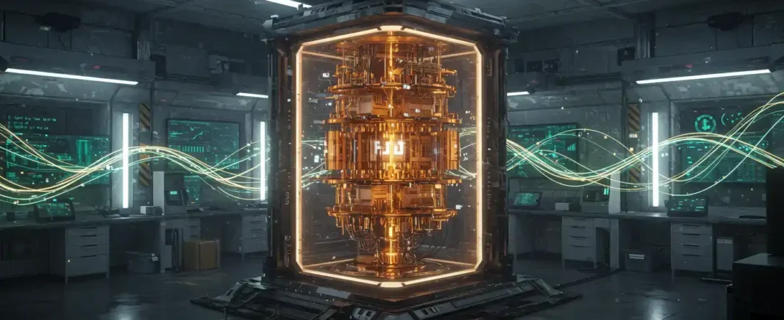 Futuristic quantum computer in a laboratory environment with glowing qubits.