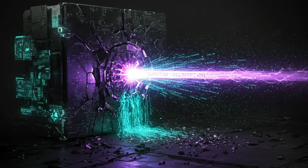 Illustration of a computer block exploding with a colored light energy connection representing cyber threats, cryptography and cybercrime threats in the quantum age.