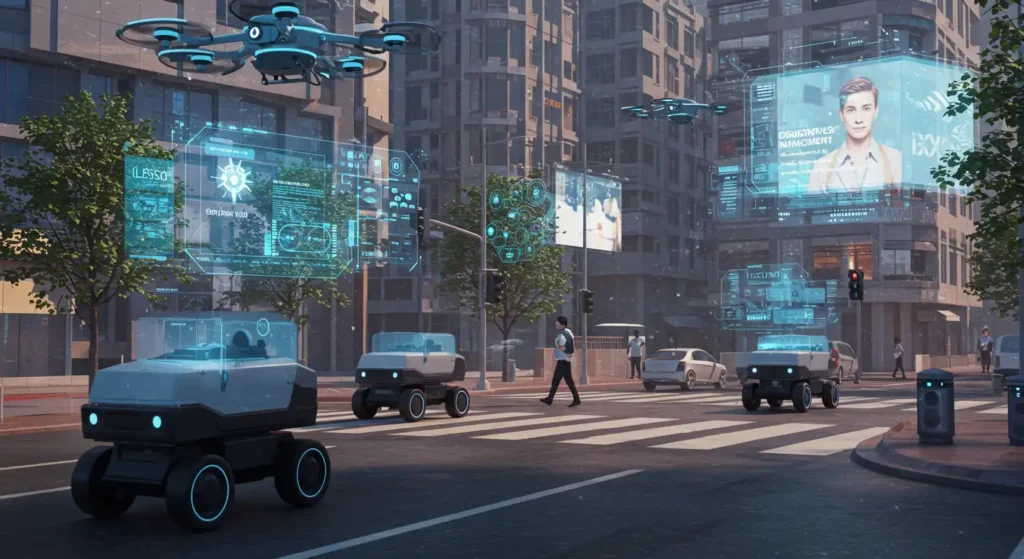 Futuristic smart city scene with autonomous delivery robots, drones, and holographic displays highlighting automation technology, smart robotics, and connected cities.