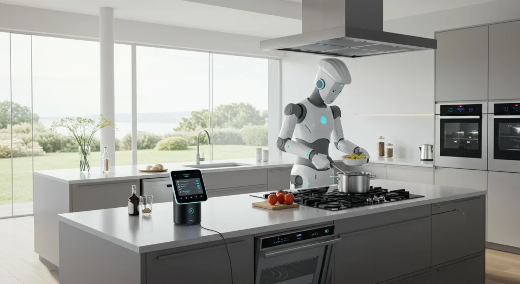 Smart kitchen robot with home automation, demonstrating AI in the modern kitchen, ideal for smarter, more automated homes.