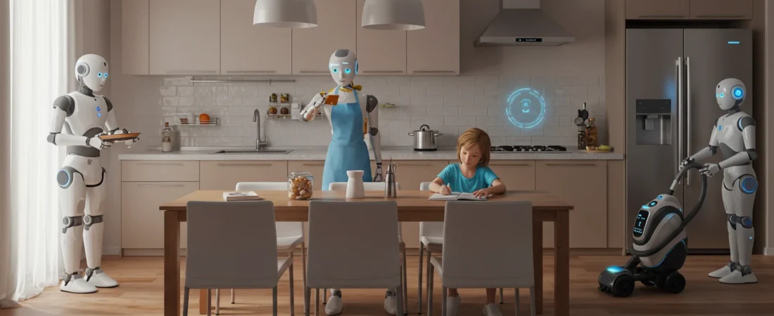 A scene of a smart home with humanoid robots performing household tasks, including cleaning and organizing the kitchen, promoting home automation and personal robotics.