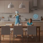 A scene of a smart home with humanoid robots performing household tasks, including cleaning and organizing the kitchen, promoting home automation and personal robotics.