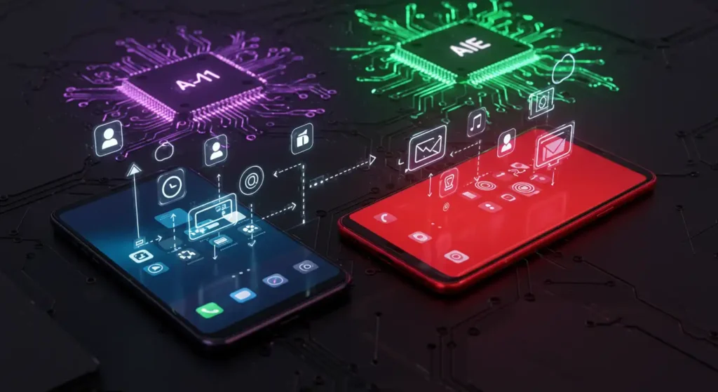 Smart switch feature showing AI-powered data transfer between smartphones with glowing connections and app icons
