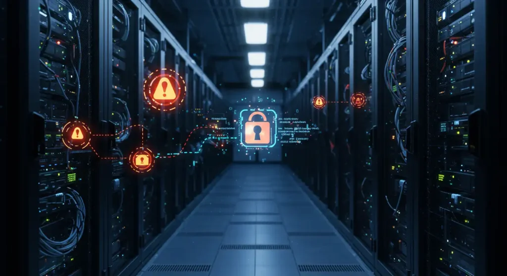 Illustration de sécurité du réseau avec des alertes de menace détectant les risques utilisant l'intelligence artificielle dans les environnements serveurs pour se protéger contre les cyberattaques.