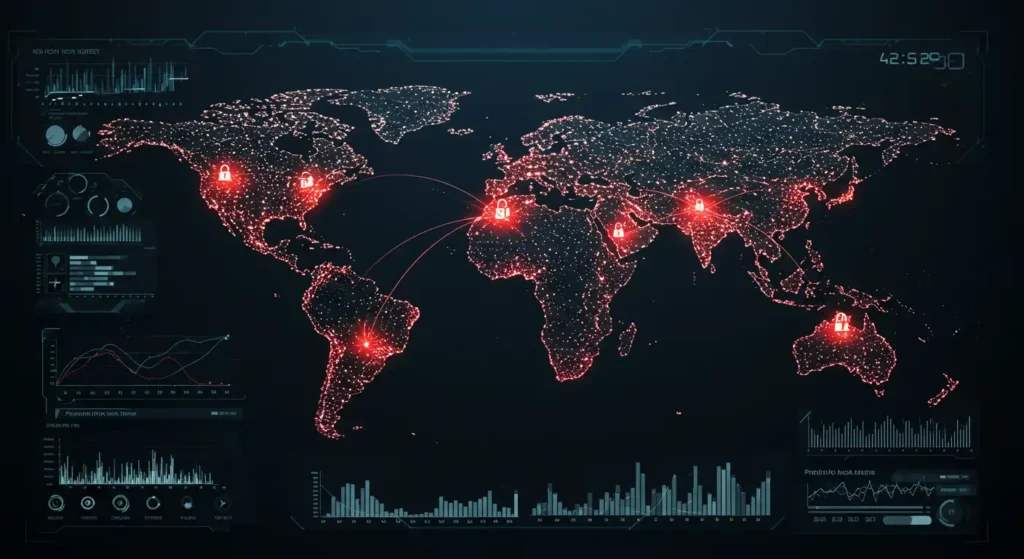 Carte du monde avec des points de connexion et des icônes de verrouillage, représentant les cybermenaces et la surveillance de la sécurité et la prédiction des vulnérabilités alimentées par l'IA.