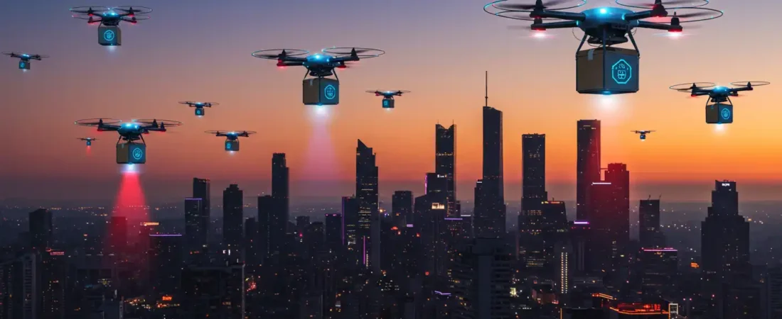 Artificial intelligence drones flying over a futuristic city, delivering packages and scanning streets for security