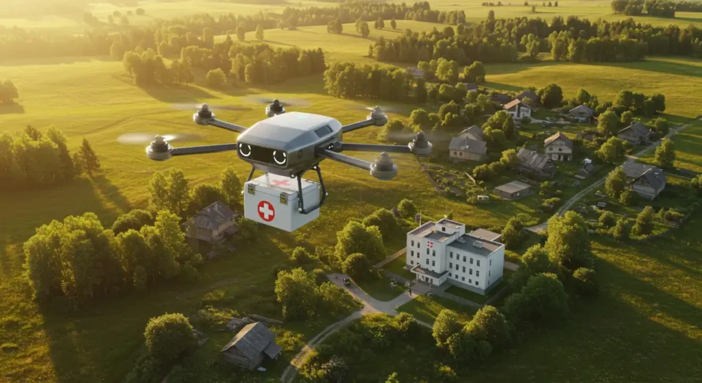 Artificial intelligence drone delivering medical supplies to a rural hospital