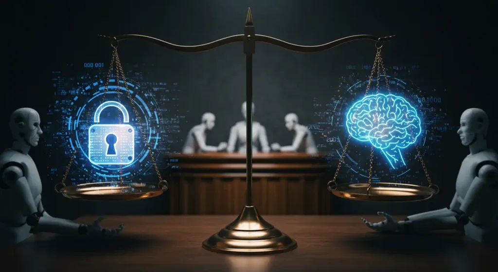 Courtige numérique futuriste avec échelle de justice équilibrant la confidentialité des données et l'innovation de l'IA dans l'éthique de l'intelligence artificielle
