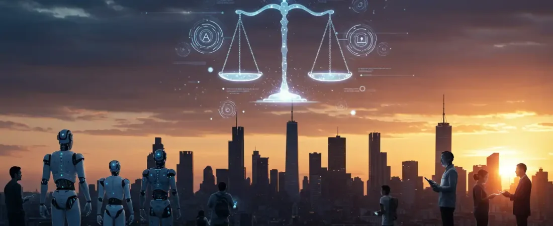 Futuristic smart city skyline with humanoid robots and holographic justice scales symbolizing Artificial Intelligence ethics