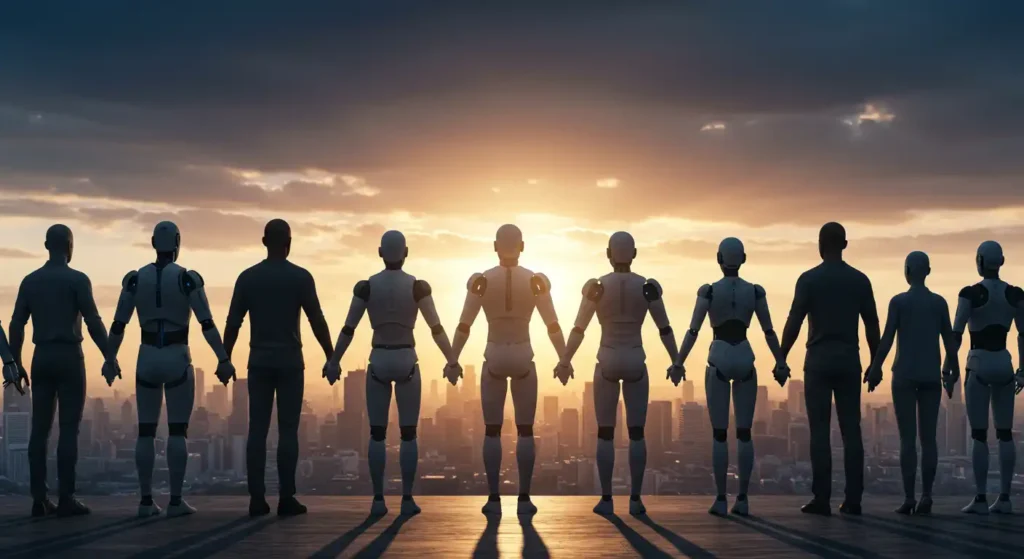 Les humains et les robots humanoïdes se sont unis au lever du soleil sur une ville futuriste, symbolisant le succès de l'éthique de l'intelligence artificielle