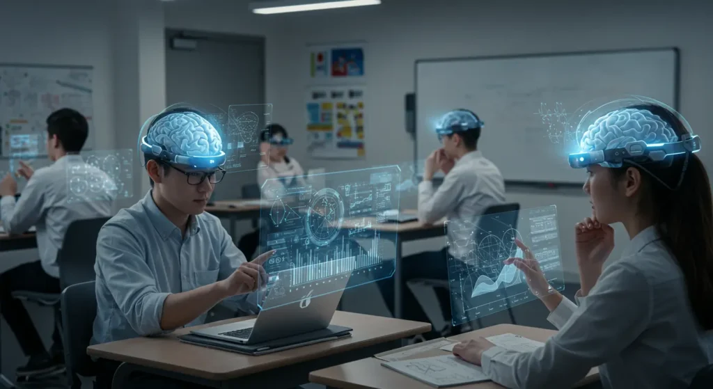 Students using brain computer interface headsets for enhanced learning with holographic lessons