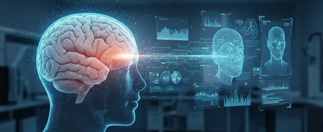 Brain computer interface connecting a human brain to AI systems in a futuristic lab