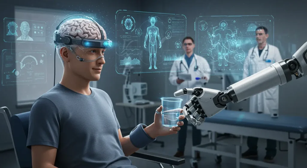 Patient using brain computer interface headset to control robotic arm in rehabilitation clinic
