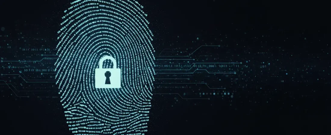 Illustration of a human fingerprint made of binary code representing digital identity.