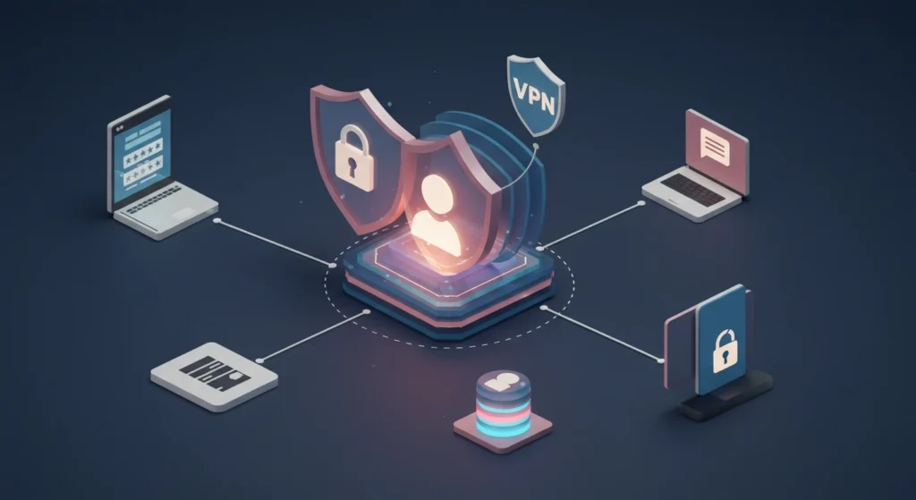 A collection of cybersecurity tools including password manager, VPN app, and biometric lock screen.