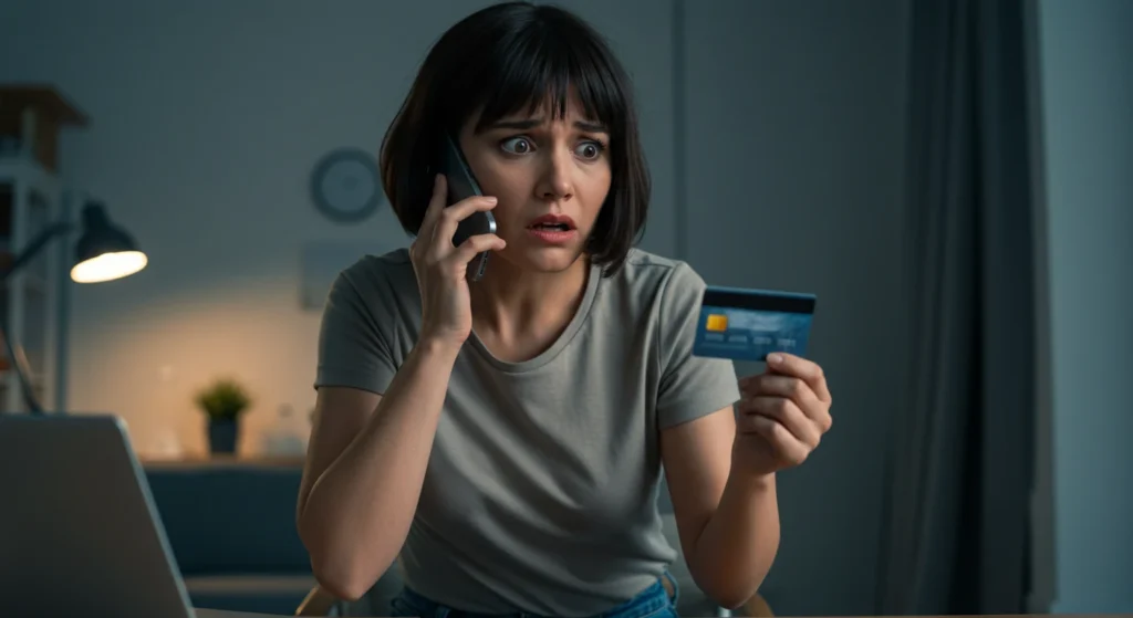 Woman on phone reporting digital identity theft with credit card in hand.